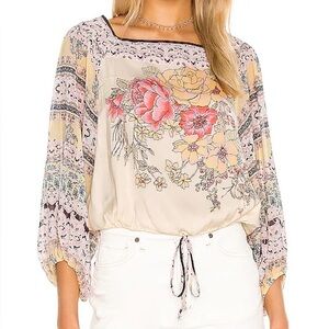 FREE PEOPLE Blue Nile Printed Top Ivory Oversized Sleeves Dramatic